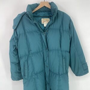 Vintage 90s Cabela's Quilted Down Parka‎ Full Length Long Women's L Hooded Teal